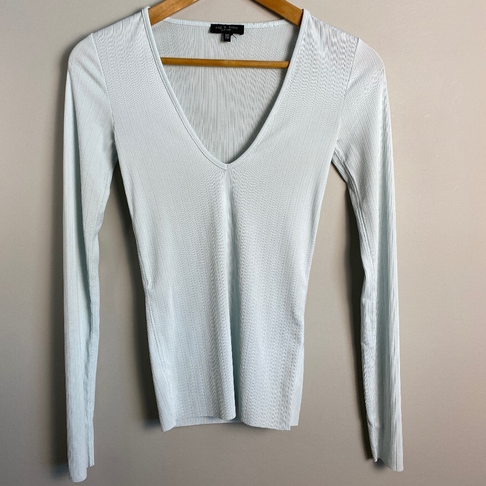 Rag‎ & Bone Light Pastel Green Long Sleeve Fine Ribbed V-neck Blouse Size XXS